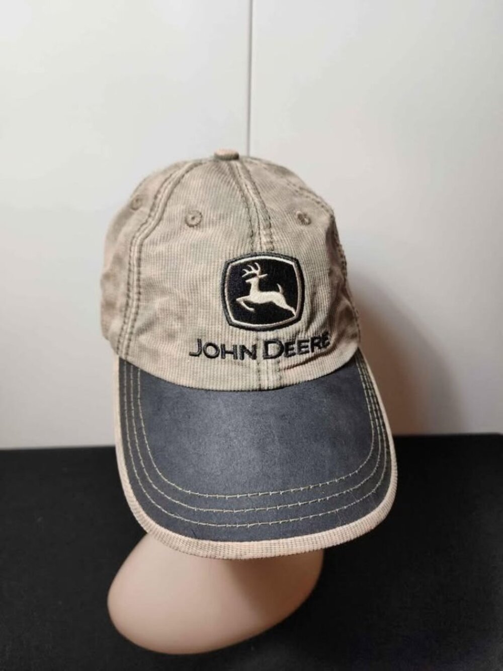 John Deere Beige Variegated W Black Bill Corduroy Hat Cap Adjustable back E8